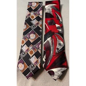 Viaggio Mens Silk Necktie Lot of 2 Abstract Geometric Red Black Purple Retro 90s